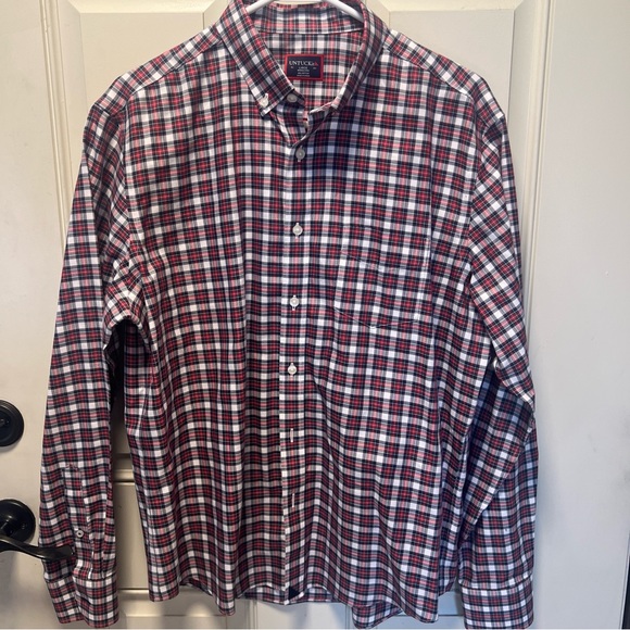UNTUCKIT Mens Red Blue Plaid Button Down  Shirt Large Wrinkle Free - Picture 1 of 11